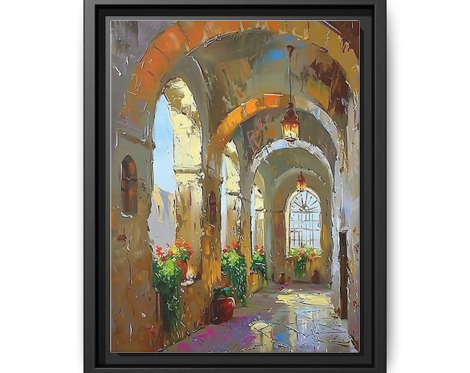 Sunlit Mediterranean Archway Matte Canvas Framed Wall Art | Multi-Color