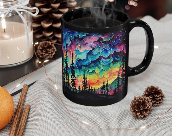 Aurora Forest Skyline Mug | Black Ceramic Coffee Cup, Colorful Northern Lights Art