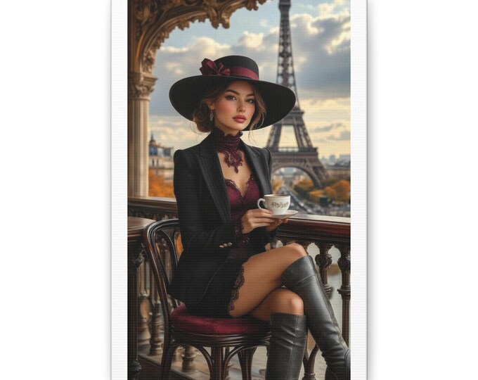 Elegant Parisian Woman Canvas | Eiffel Tower Cafe Art, Vintage Chic Wall Decor