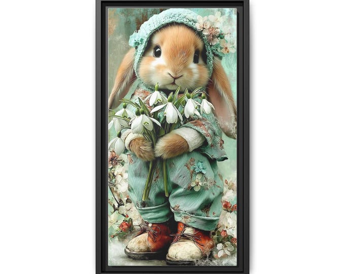 Vintage Bunny Holding Flowers Canvas Framed Wall Art | Matte Canvas