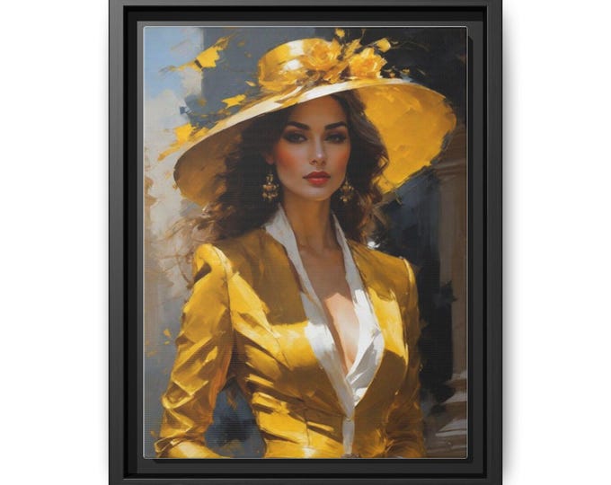 Elegant Woman in Yellow Hat Matte Canvas Framed Wall Art | Portrait