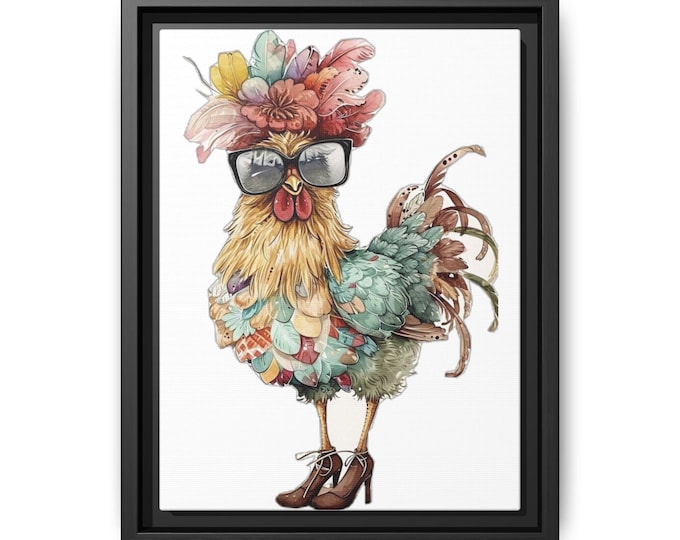 Whimsical Floral Rooster Matte Canvas Framed | Colorful Chicken Wall Art