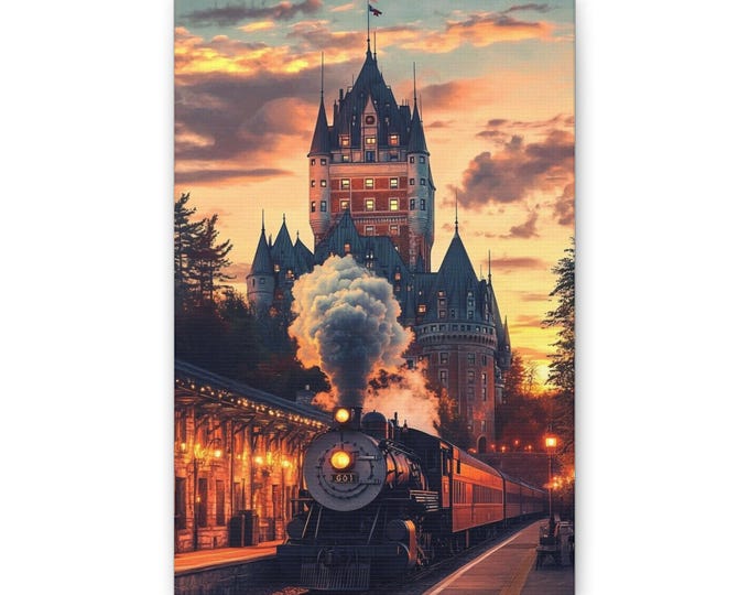 Vintage Steam Train Canvas | Chateau Frontenac Sunset Wall Art