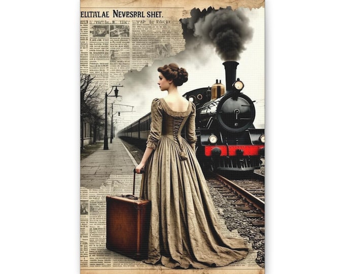 Victorian Woman with Train Canvas | Vintage Steampunk Station Artwork