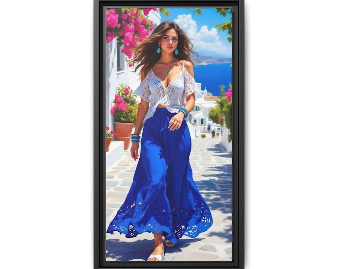 Bohemian Woman in Blue Skirt Matte Canvas Framed | Coastal Fashion Art