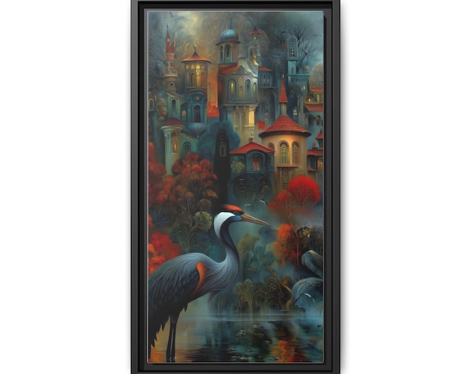Heron by Moonlit Village Matte Canvas Framed | Landscape Wall Art