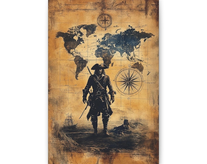 Vintage Pirate Map Canvas | Nautical Wall Art, Compass, World Map