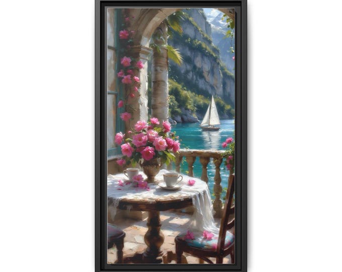 Seaside Balcony Floral Scene Matte Canvas