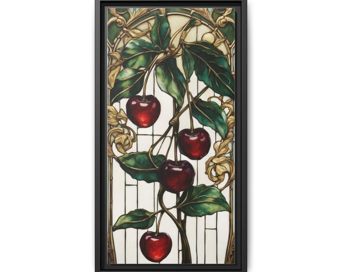 Stained Glass Cherry Panel Matte Canvas Framed | Botanical Wall Art