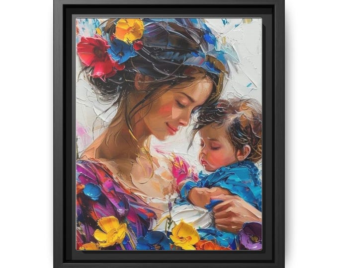 Mother and Child Portrait Matte Canvas Framed | Colorful Floral Wall Art