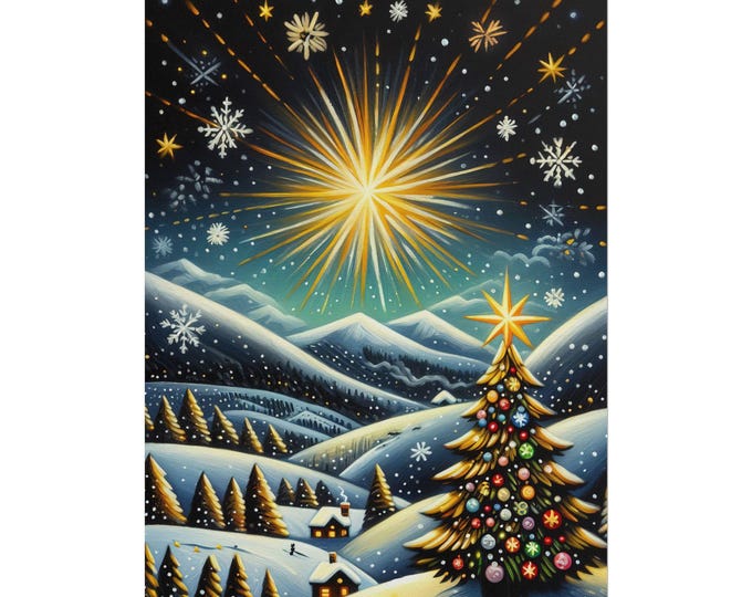 Starry Christmas Night Rolled Poster | Winter Tree Snowy Village