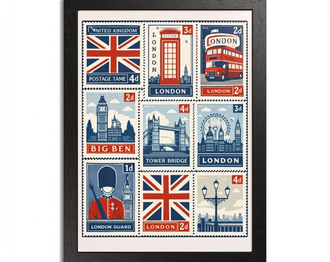 London Stamps Collage Poster framed poster | Vintage UK landmarks wall art