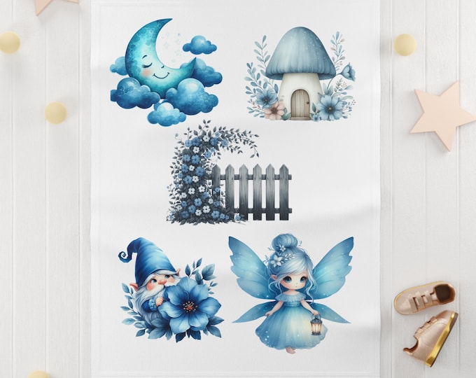 Blue Fairy Mushroom Moon Illustrations Baby Blanket | Nursery Throw