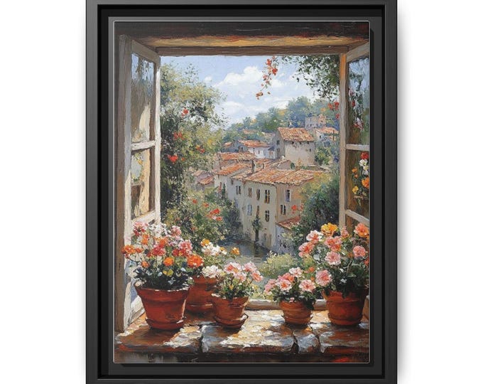 Tuscan Window with Flower Pots Matte Canvas, Framed | Floral Landscape Wall Art