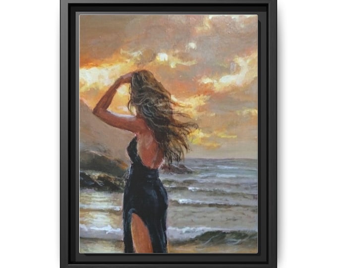 Woman at Seaside Sunset Matte Canvas Framed