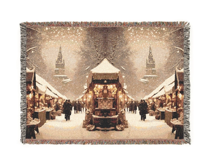 Snowy Holiday Market Woven Blanket | Cozy Christmas Scene Throw