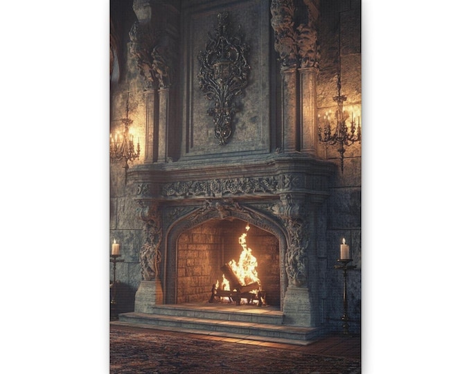 Ornate Stone Fireplace Classic Canvas | Cozy Mantel Wall Art, Vintage Gothic Interior