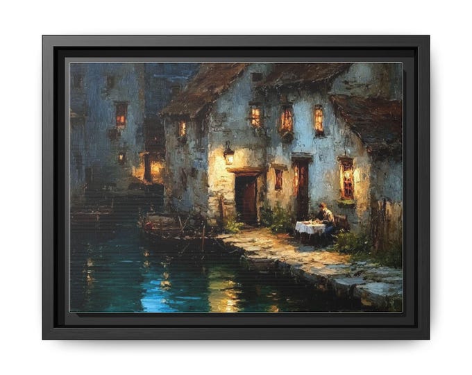 Riverside Village at Dusk Matte Canvas Framed | Landscape Wall Art