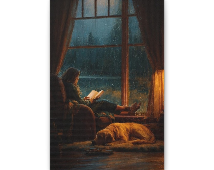 Cozy Night Reading Classic Canvas | Woman by Window with Dog, Warm Fireplace Art