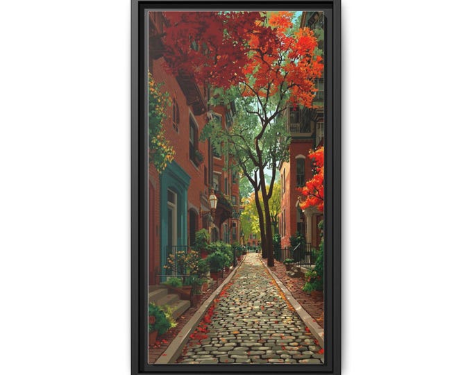 Autumn Cobblestone Street Matte Canvas Framed