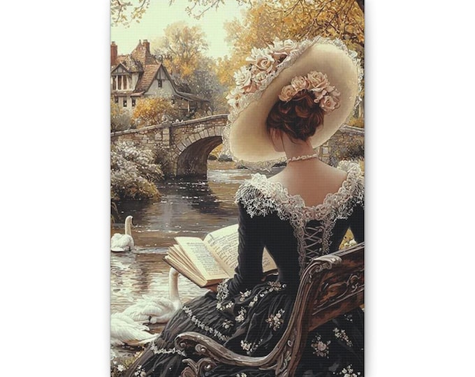 Victorian Lady Reading by River Classic Canvas | Vintage Cottage Scene, Swan Art Print