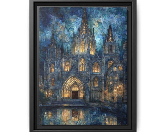 Gothic Cathedral Nightscape Matte Canvas Framed | Illuminated Church Wall Art