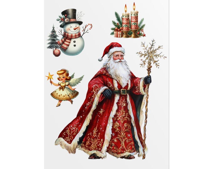 Vintage Santa with Snowman and Angel Rolled Poster | Christmas Wall Art