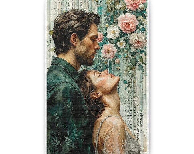 Romantic Couple Portrait Canvas | Floral Wall Art, Vintage Newspaper Collage