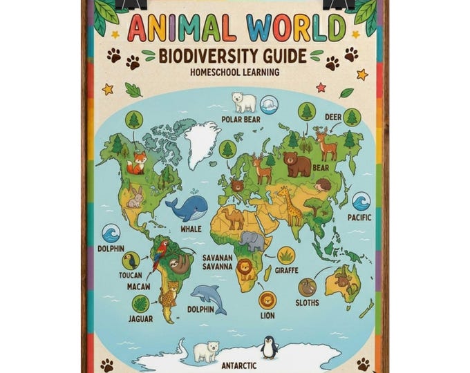 Animal World Biodiversity Map Rolled Poster | Kids Educational Wall Art