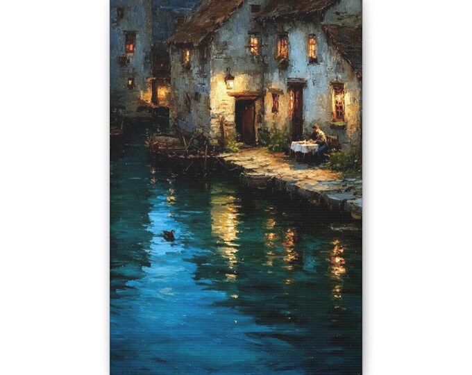 Moonlit Canal Village Canvas | Coastal Wall Art