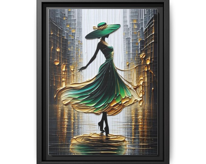 Elegant Green Hat Lady Matte Canvas Framed | Fashion Art Wall Decor