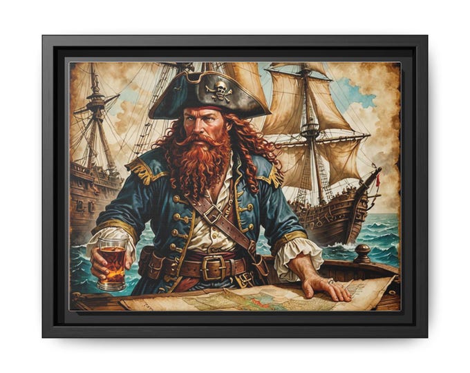 Bearded Pirate Captain Painting Matte Canvas Framed | Nautical Wall Art