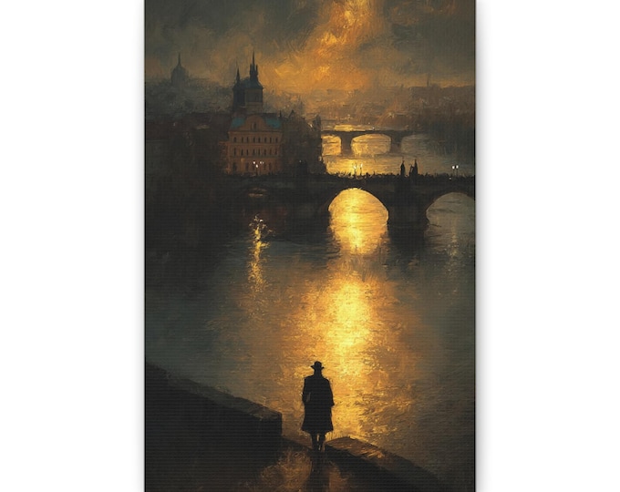 Lonely Figure by Moonlit River Canvas | Vintage Cityscape Wall Art