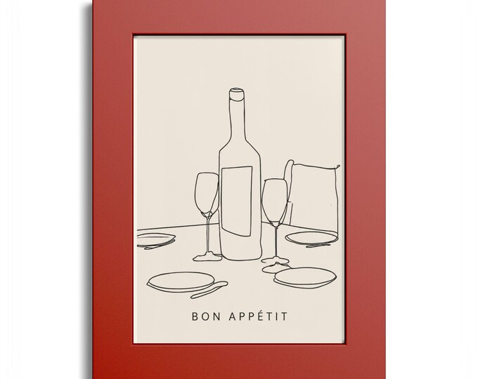 Bon Appétit line art bottle poster Colored Frame, kitchen wall art