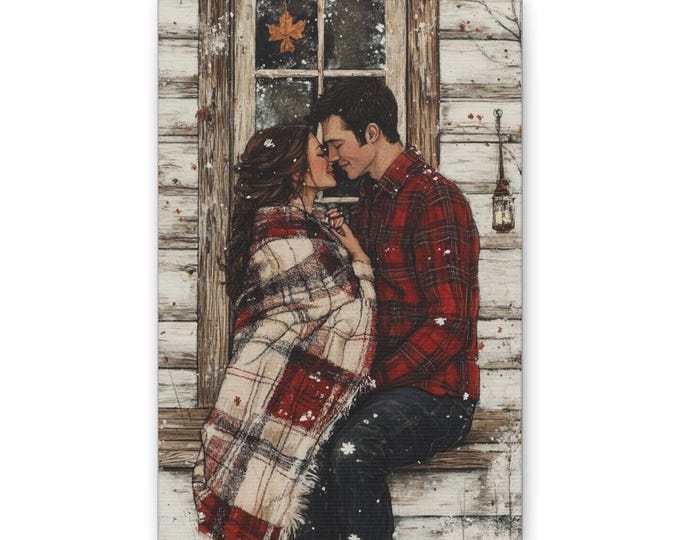 Cozy Winter Couple Canvas | Romantic Rustic Cabin Wall Art