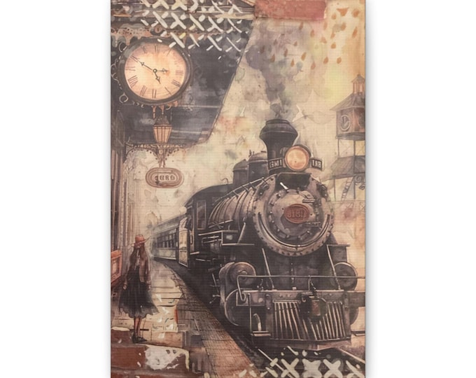 Vintage Steam Train illustration Canvas | Retro Train Station Wall Art