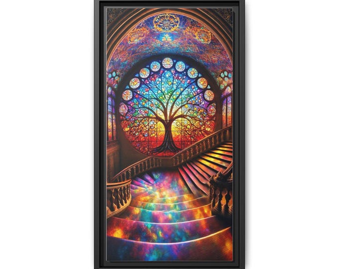 Stained Glass Tree Print Matte Canvas Framed | Colorful Staircase Wall Art