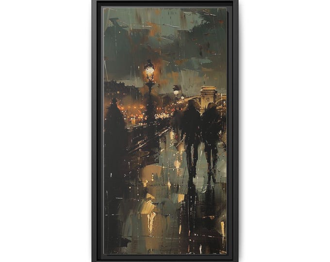 Rainy City Street Scene Matte Canvas Framed | Impressionist Urban Nightscape