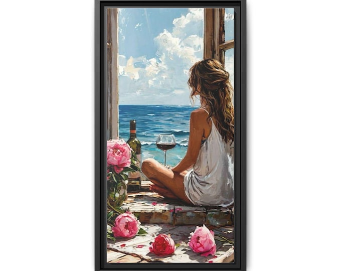 Woman by Window Seaside Painting Matte Canvas, Framed