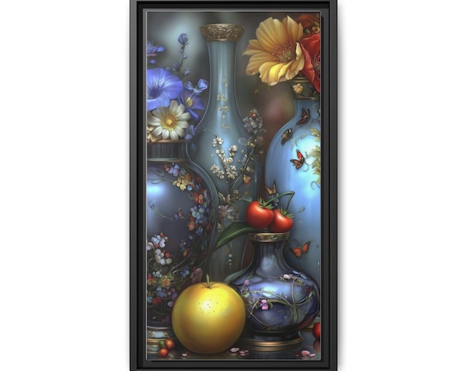 Floral Still Life Print Matte Canvas Framed | Vase, Fruit, Butterflies Wall Art