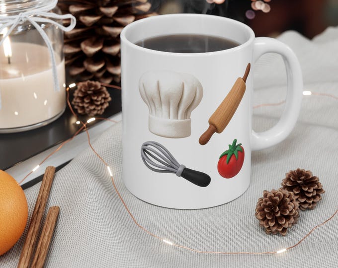 Baker Emoji Pattern Mug | Chef Hat Rolling Pin Whisk Tomato