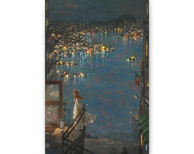 Woman Overlooking City Lights Canvas | Nighttime Harbor Scene