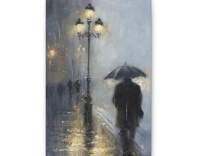Rainy Night Street Scene Canvas | Umbrella Silhouette Wall Art