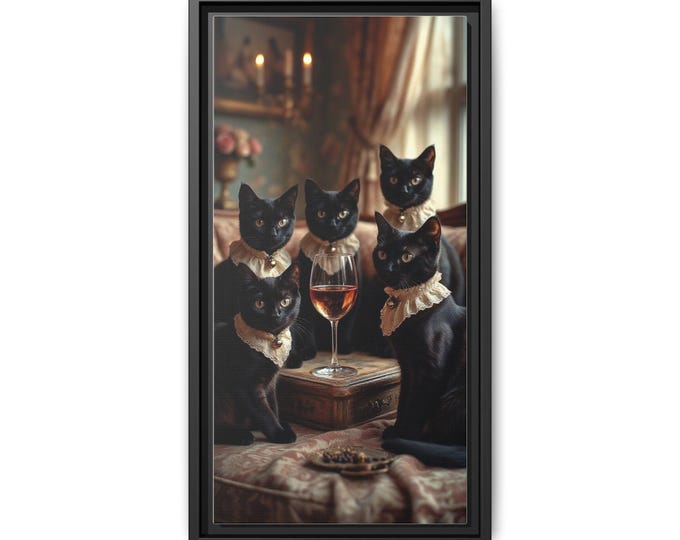 Victorian Black Cats Portrait Matte Canvas, Framed