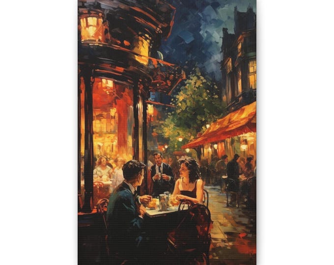 Romantic Bistro Painting Classic Canvas | Nighttime Cafe Street Scene