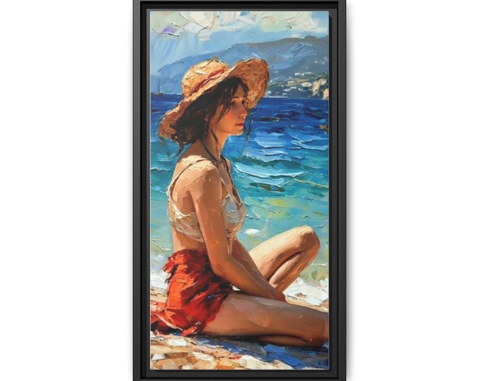 Woman in Straw Hat Beach Painting Matte Canvas Framed | Coastal Wall Art
