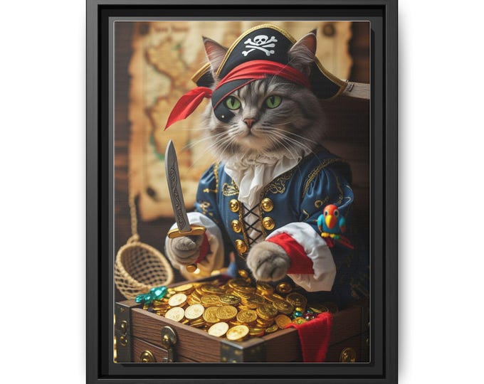 Pirate Cat with Treasure Matte Canvas Framed | Nautical Animal Wall Art