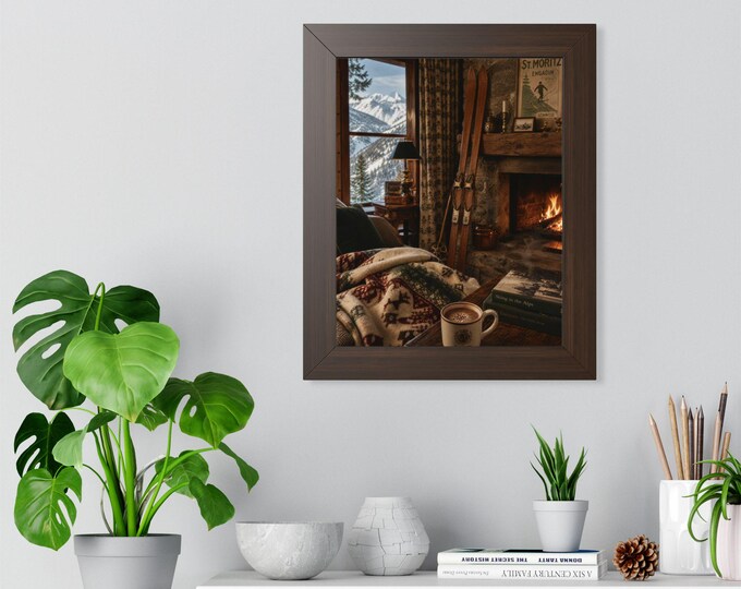 Cozy Ski Lodge Cabin Scene Framed Vertical Poster | Winter Mountains, Fireplace