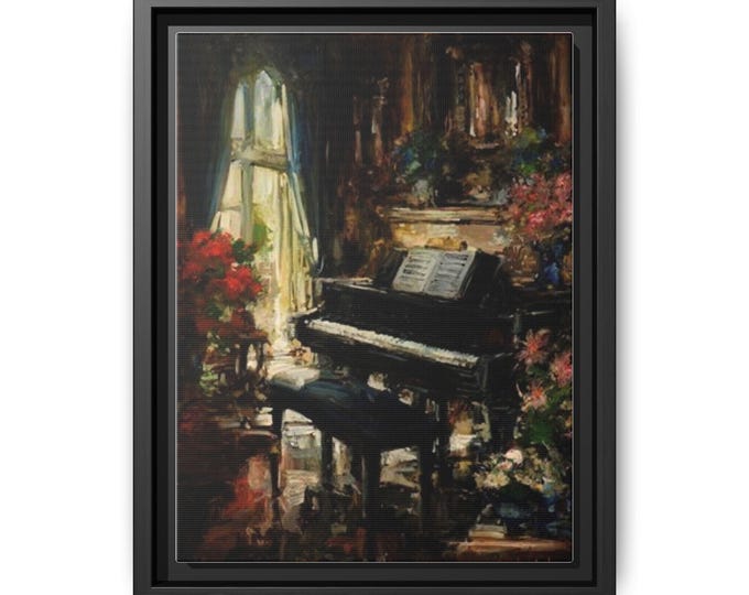 Grand Piano in Sunlit Parlor Matte Canvas Framed | Floral Interior Wall Art