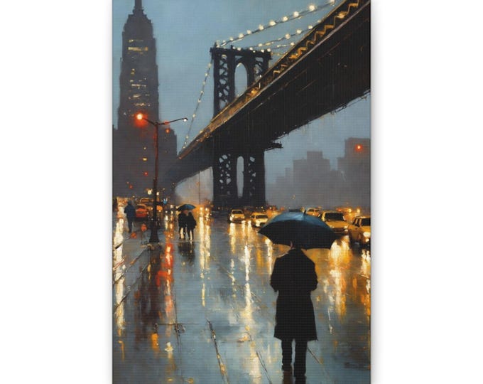 Rainy City Bridge evening canvas | silhouette with umbrella wall art